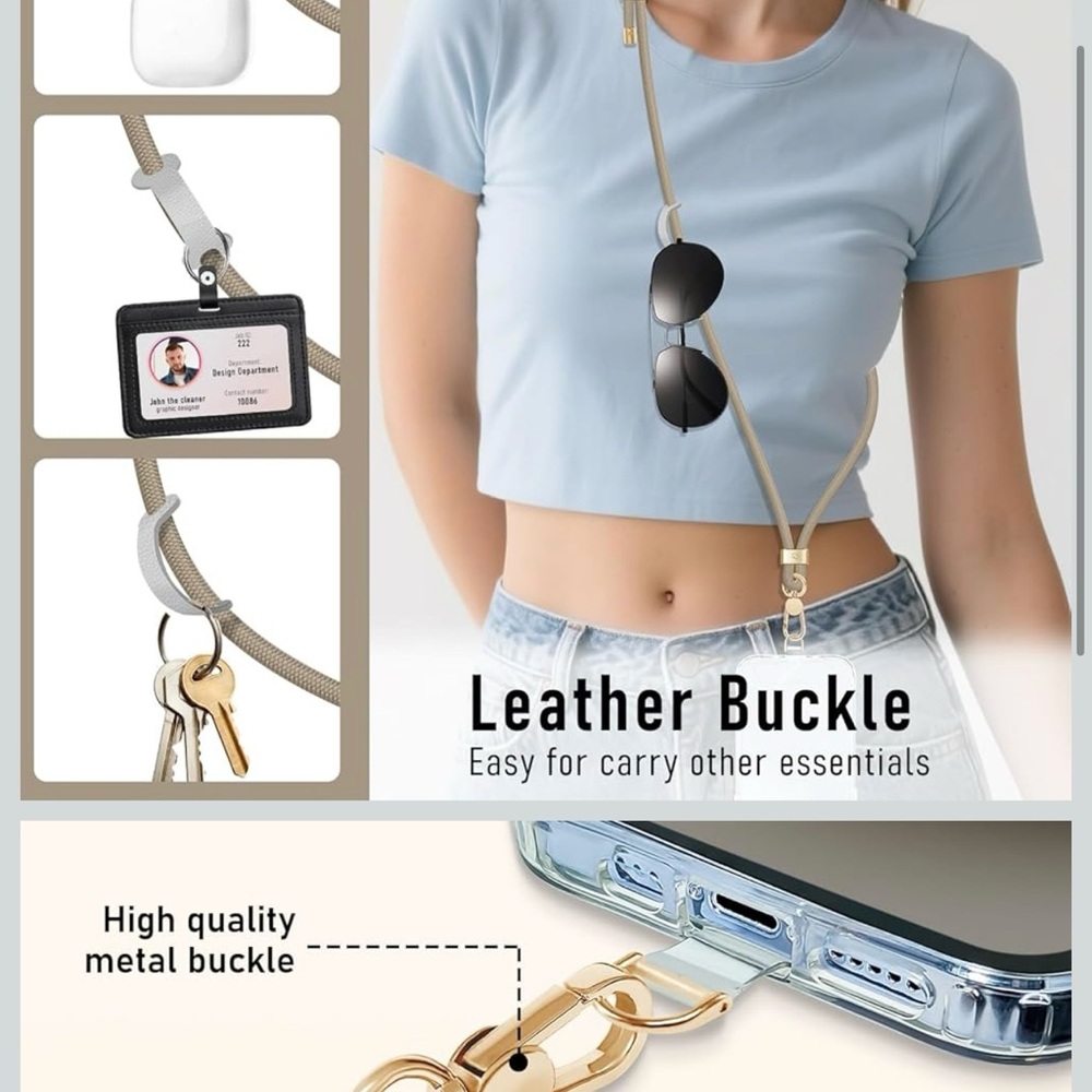 Leather Buckle Lanyard with ID Holder and Keychain